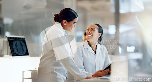 Image of Scientist, women and teamwork on tablet and computer for laboratory advice, medical research and night planning. Students, science people or mentor on digital technology of test results or comparison
