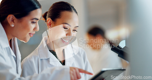 Image of Scientist, women and teamwork on tablet and computer for laboratory advice, medical research and night planning. Students, science people or mentor on digital technology of test results or comparison