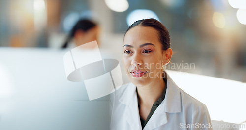 Image of Doctor, woman and smile with data analysis in laboratory for biochemistry, science or research. Female person, face and happiness for experiment in medical care for health, treatment or breakthrough