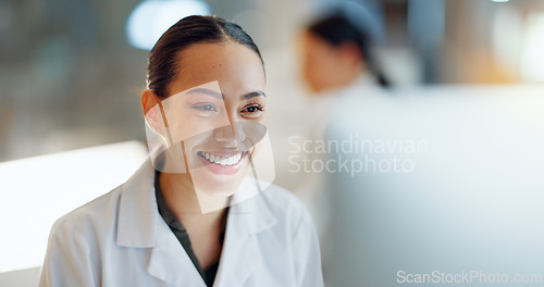 Image of Doctor, woman and smile with data analysis in laboratory for biochemistry, science or research. Female person, face and happiness for experiment in medical care for health, treatment or breakthrough