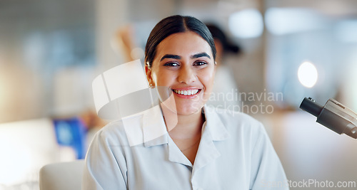 Image of Scientist, woman and tablet, microscope or laboratory research for DNA analysis and happy with medical study. Student or science expert in biotechnology with digital software and lens check for data