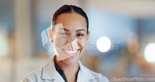 Image of Laboratory woman, face and scientist happy for hospital pride, medicine innovation or scientific study. Professional lab portrait, confident mindset and healthcare worker for pharmaceutical science