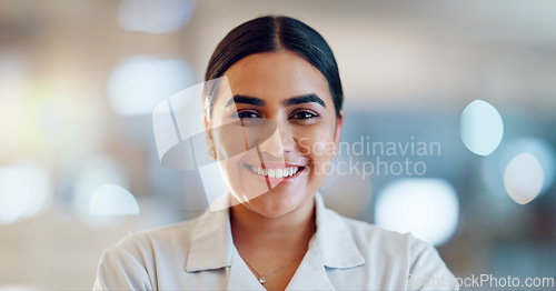 Image of Lab face, science woman and happiness for chemistry development, medical innovation or scientific success. Laboratory portrait, job experience or scientist smile for healthcare support, help or study