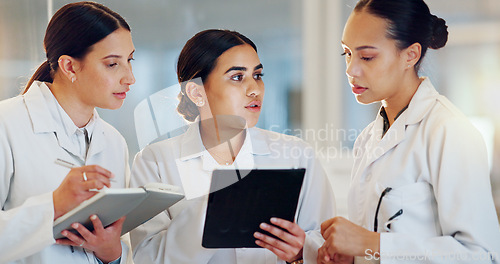 Image of Scientist, teamwork and tablet for planning research, medical feedback and results or internship group training. Students, doctors or science women with digital technology, notebook and collaboration