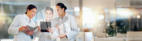 Image of Scientist, teamwork and tablet for planning research, medical feedback and results or internship group training. Students, doctors or science women with digital technology, notebook and collaboration