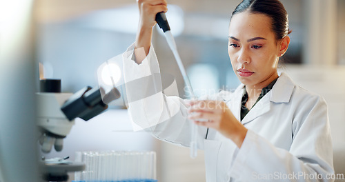 Image of Science, results and woman with pipette, test tube and microscope for biotech solution in laboratory. Medical research, scientist or lab technician in study for healthcare, medicine or vaccine test.