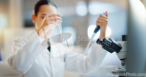 Image of Science, results and woman with pipette, test tube and microscope for biotech solution in laboratory. Medical research, scientist or lab technician in study for healthcare, medicine or vaccine test.