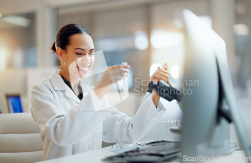 Image of Science, research and happy woman with pipette, microscope and biotech solution in laboratory. Medical innovation, scientist or lab technician in study for healthcare, medicine check and vaccine test