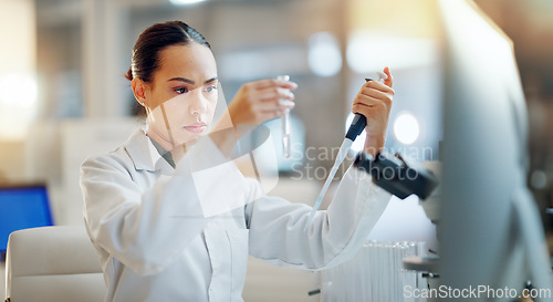 Image of Science, results and woman with pipette, test tube and microscope for biotech solution in laboratory. Medical research, scientist or lab technician in study for healthcare, medicine or vaccine test.