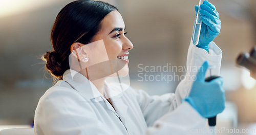 Image of Science, laboratory and woman with pipette, test tube and biotech solution in research. Medical innovation, scientist or lab technician in study for healthcare, medicine and vaccine results feedback.