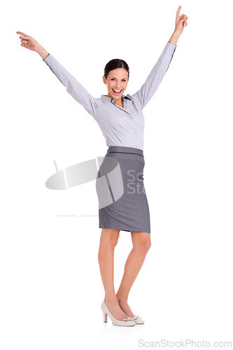 Image of Businesswoman, portrait and celebration with confidence as professional lawyer for achievement, winning or promotion. Female person, happy and studio or white background for pride, goals or mockup