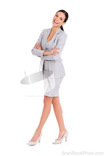 Image of Portrait, laughing and business woman with arms crossed in studio isolated on white background mockup space. Confidence, smile and professional agent, entrepreneur and worker with pride in Canada