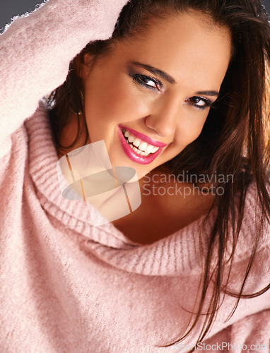 Image of Portrait, fashion and beauty of happy woman in makeup, laughing and positive facial expression. Face, smile and confidence of young model in cosmetics, stylish or pose in casual clothes in Brazil