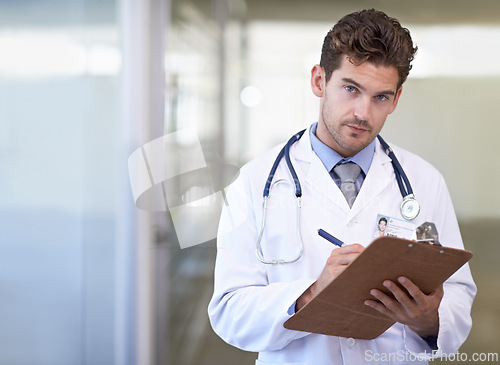 Image of Portrait, clipboard and doctor in hospital for medical research information for diagnosis or treatment. Checklist, professional and male healthcare worker with documents or notes in medicare clinic.