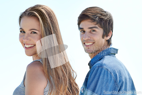 Image of Young couple, care and portrait in nature with love together, fun and holiday to travel by blue sky. Man, woman or happy face on romantic trip for bonding outdoor or relax on summer vacation in spain