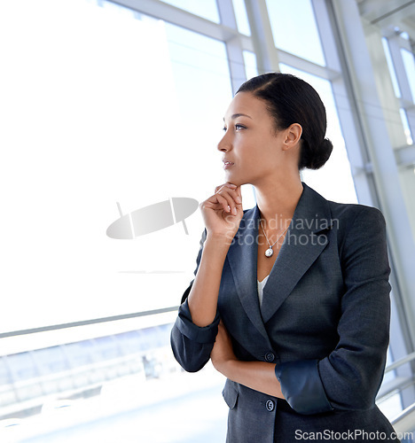 Image of Thinking, ideas or businesswoman in office by window for development project mission or problem solving. Dream, vision or female entrepreneur planning for future goal, inspiration or legal solution