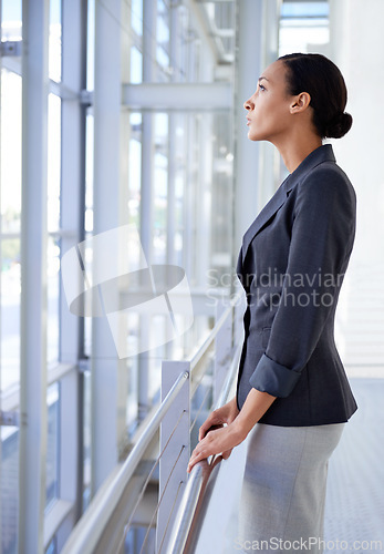 Image of Thinking, ideas or profile of businesswoman by window for development project mission or problem solving. Dream, vision or entrepreneur with plan for future goal, inspiration or solution by glass