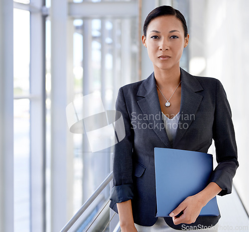 Image of Office, portfolio or portrait of lawyer with confidence, documents or report in law firm company. Advocate, businesswoman or file with attorney, legal advisor or worker for financial paperwork audit