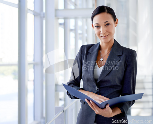 Image of Reading, report or portrait of lawyer with confidence or documents paperwork in law firm office. Advocate, businesswoman or portfolio file with attorney, legal advisor or worker for financial audit