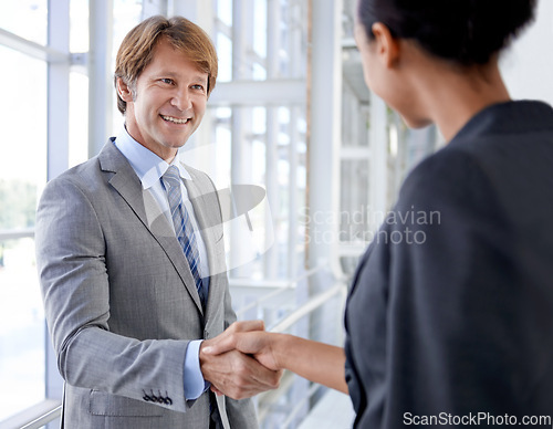 Image of Happy businessman, partnership or shaking hands for deal, recruitment or collaboration or teamwork. Handshake, greeting or employees in corporate agreement for meeting success, welcome or thank you