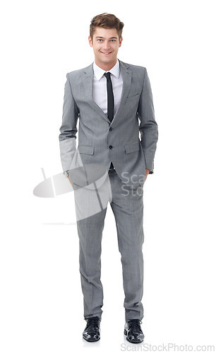 Image of Professional, white background and portrait of business man with confidence, pride and corporate style for work. Happy, fashion and isolated person smile for career, job and opportunity in studio