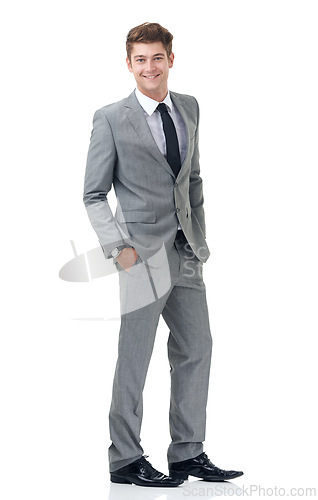 Image of Corporate, white background and portrait of business man with confidence, pride and professional style for work. Happy, fashion and isolated person smile for career, job and opportunity in studio