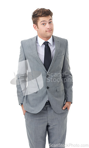 Image of Studio, portrait and young businessman for confused professional with shrug and decision by white background. Lawyer, doubt and face with confusion in mock up and corporate consultant in law career