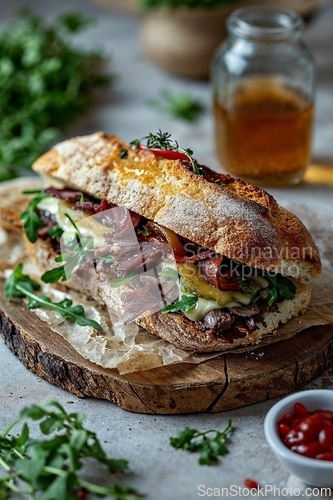 Image of Gourmet Steak Sandwich on Rustic Wooden Board