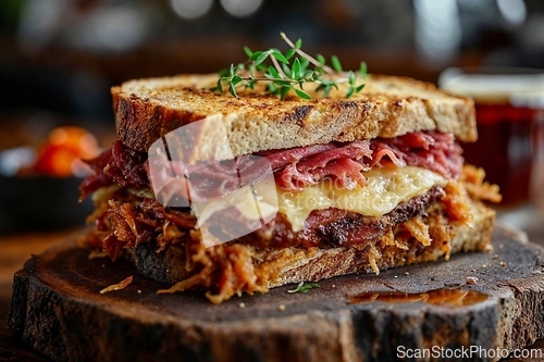 Image of Gourmet Grilled Cheese Sandwich with Bacon on Wooden Board