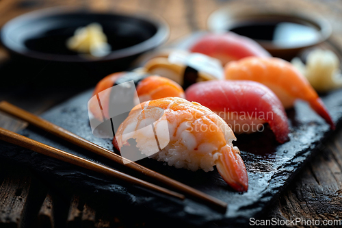Image of Traditional Sushi Selection on Rustic Wooden Table