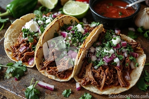 Image of Authentic Mexican Tacos with Shredded Beef and Fresh Salsa