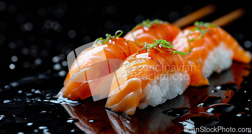 Image of Fresh Salmon Sushi Close-Up with Chopsticks on Dark Background