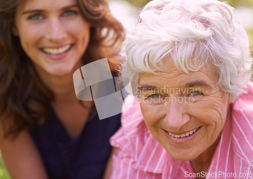 Image of Senior, mother and woman in happy portrait outdoor to relax in summer, holiday or vacation together. Elderly, mom and family with love and support and smile in retirement with health and wellness