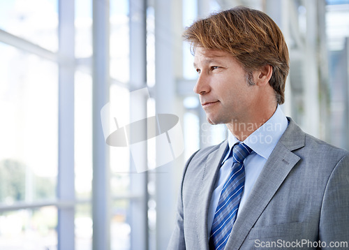 Image of Thinking, ideas or confident businessman by window for development project mission or problem solving. Dream, vision or male entrepreneur with plan for future goal, inspiration or solution by glass