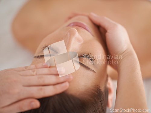 Image of Hands, face and massage woman at spa to relax, wellness and calm at luxury resort for acupressure therapy with masseuse. Closeup, head and person at salon for facial treatment, skincare and beauty