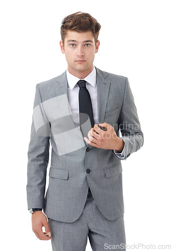 Image of Studio, portrait and young businessman with fashion suit for confident professional by white background. Lawyer, positive and face with pride in law career and corporate style for workplace in mockup