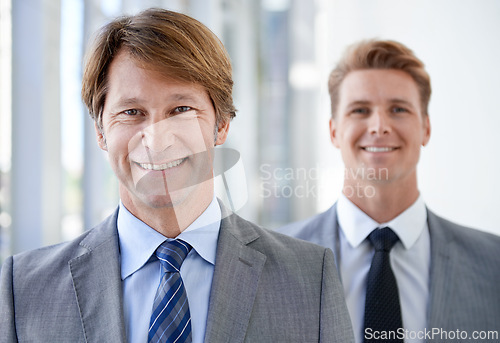 Image of Happy, team or portrait of business people with confidence, suit or employee in a corporate company. Boss, attorney or proud manager with leadership, lawyers or worker in office with legal advisor
