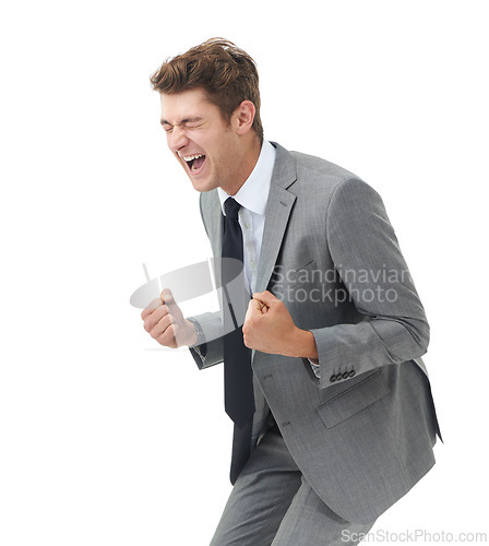 Image of Businessman, fist pump and success in studio with celebration deal and growth in company shares. Happy lawyer, professional and scream for job achievement, promotion and winner by white background