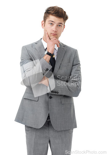 Image of Studio, planning or young businessman with thinking of project or professional lawyer by white background. Auditor, thought and mockup for commercial law and idea for company case or problem solving