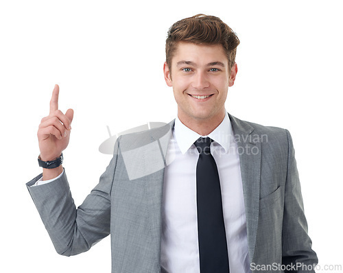 Image of Studio, business and man in portrait pointing up at growth, profit or sales increase with deal offer. Announcement, opportunity or promotion with happy businessman showing space on white background