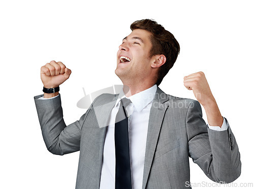 Image of Smile, success and winner with business man in studio isolated on white background for celebration. Corporate, wow and professional with happy young employee cheering for bonus or promotion in suit