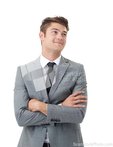 Image of Studio, thinking and businessman with idea, arms crossed and inspiration at law firm with smile. Attorney, lawyer or happy man with reflection, confidence and insight for planning on white background