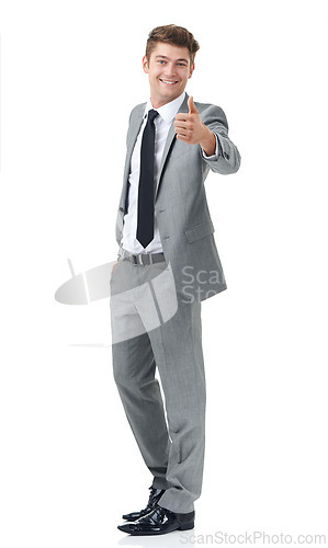 Image of Thumbs up, businessman or happy portrait in studio for vote agreement, deal or success by white background. Lawyer, smile face and mockup for approval of winner, thank you and referral with support