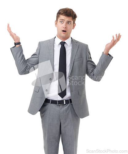 Image of Studio, portrait and businessman for confused or question and company decision by white background. Entrepreneur, doubt or face for choice in start up, frustrated or problem solving in small business