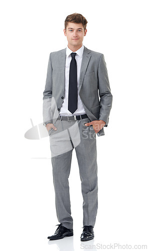 Image of Studio, portrait or young businessman with ambition in career or professional attorney by white background. Lawyer, positive or face with pride for law job, mock up or hands in pocket of fashion suit