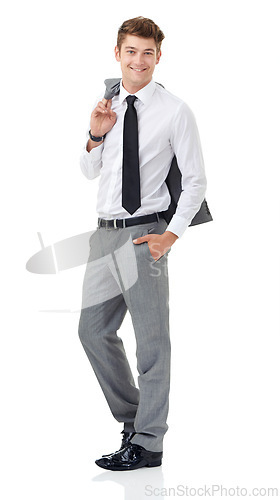 Image of Studio, portrait or young businessman with smile in fashion suit or professional attorney by white background. Lawyer, positive and face with pride for law career and corporate style jacket in mockup