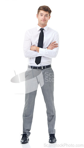 Image of Studio, portrait and businessman for positive with arms crossed and ambition in career by white background. Professional, entrepreneur and confident face in mock up, and mission in small business