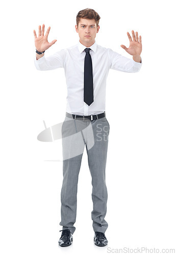 Image of Portrait, business and man with hands up, stop and employee isolated on white studio background. Person, mockup space and professional with hand gesture and warning with rejection, deny ir consultant