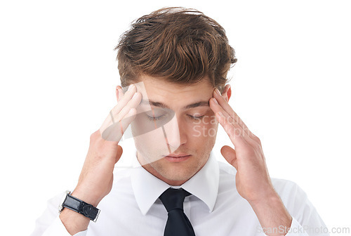 Image of Businessman, hands and temple headache or pain in studio as corporate lawyer or burnout, fatigue or migraine. Male person, stress and brain fog or white background for overtime, vertigo or mockup