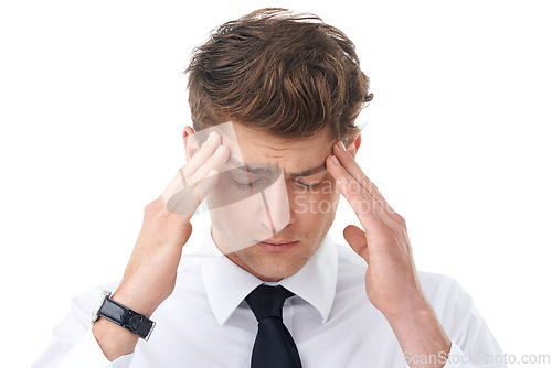 Image of Businessman, hands and temple headache or stress in studio as corporate lawyer or burnout, fatigue or migraine. Male person, pain and tension on white background for overtime, vertigo or mockup space